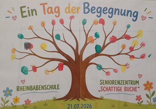 Ein Plakat zeigt einen Baum, dessen Blätter aus bunten Fingerabdrücken bestehen.