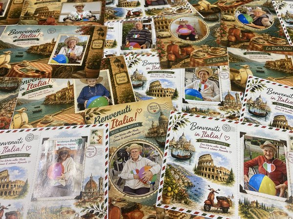 Viele individuelle Postkarten mit unterschiedlichen Fotos zum Thema Italien liegen nebeneinander.
