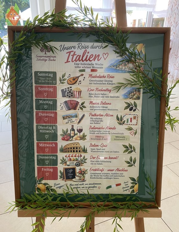 Ein Aufsteller informiert über das Wochenprogramm der italienischen Woche.
